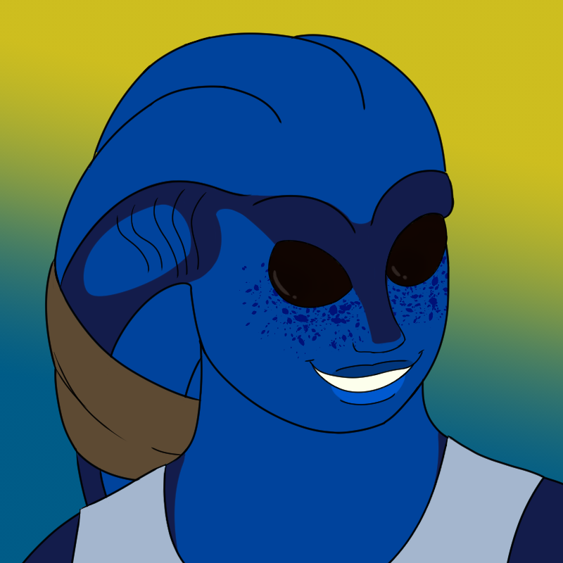 A Star Wars alien known as a Nautolan stands in a relaxed yet chipper posture. 
                                                 Her colors and skin patterns are based off of a blue tang.